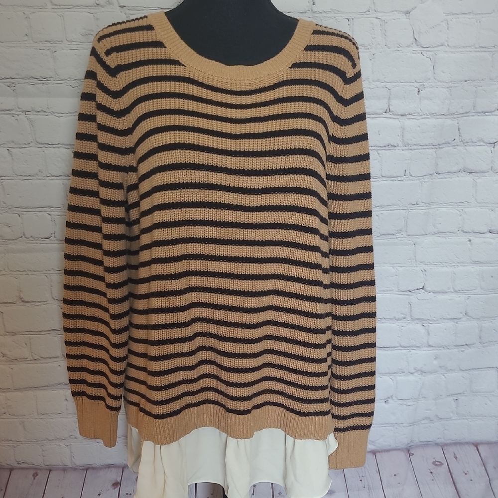 Loft Plus Size 16/18 Black Tan Sweater Crew Neck Striped Shirt Hemline